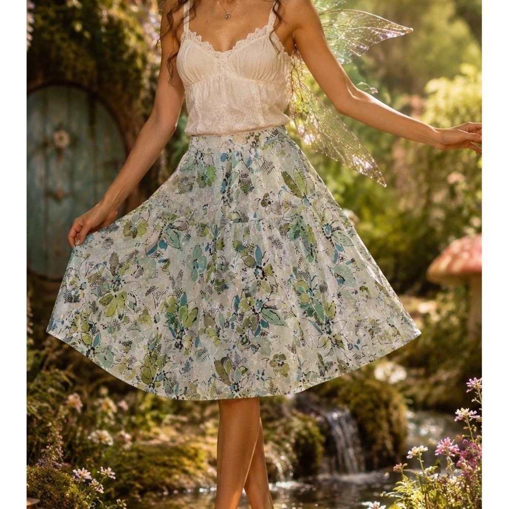Merona Floral Skirt Womens 6 Green Blue Silk Excellent Fairycore A-Line Pleated - Picture 1 of 12